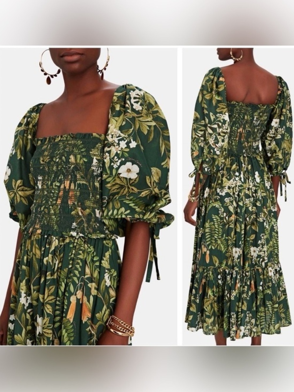 Cara Cara Jazzy Boho Midi Dress Sz S Smocked Botanical Bird Emerald garden party